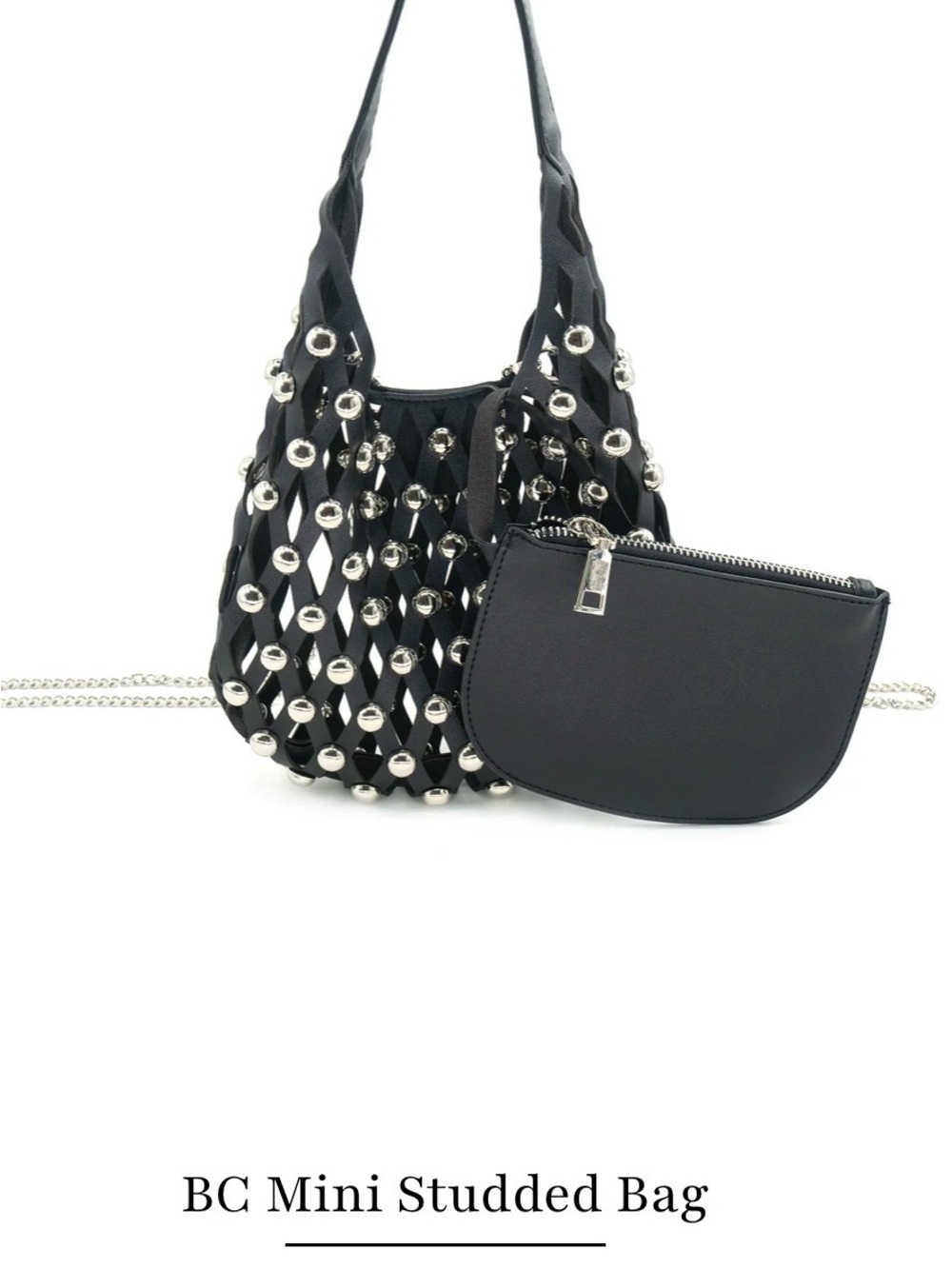 Black Mini Studded Shoulder Bag with Zip Pouch